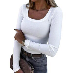 Womens Ribbed Long Sleeve Scoop Neck Top Slim Fit Knit Stretchy Basic Shirt